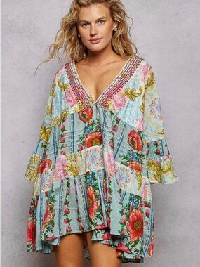 POL 3/4 Sleeve V-neck Baby Doll Dress Multi Pink Boho Beachy Coverup NWT Large